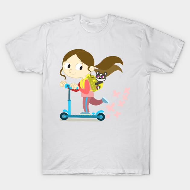 girl on a scooter with a backpack on her back T-Shirt by duxpavlic
